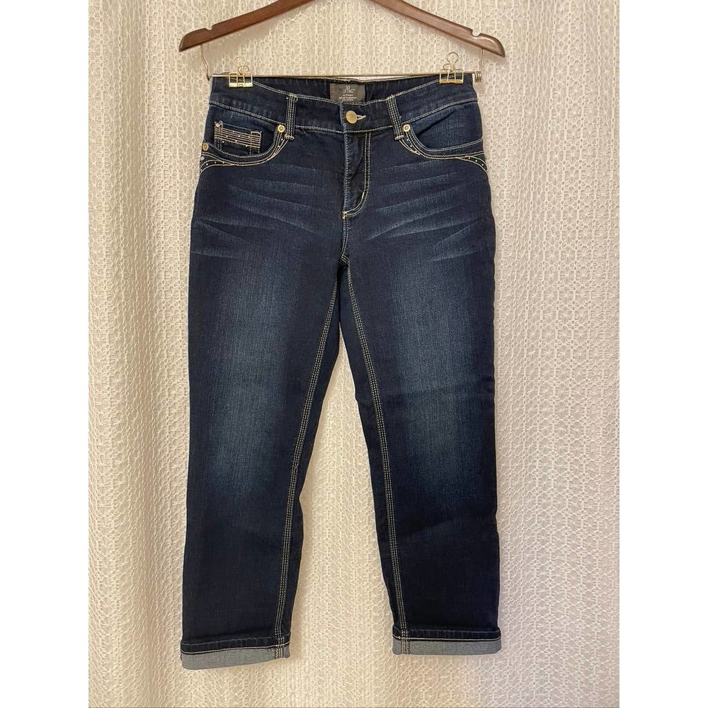 Chico's- Women's Stretch So Lifting Crop Dark Wash Rhinestone Denim Jeans-00 (2)